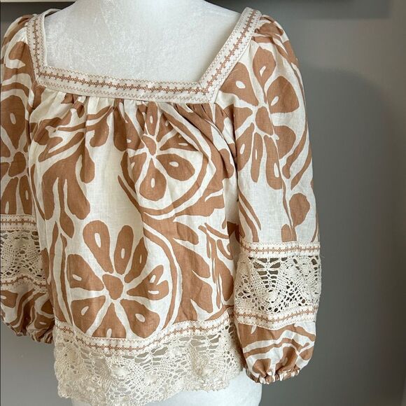 Christian Siriano Floral Lace Crocheted Hawaiian Blouse - Brown and Cream - Picture 5 of 11